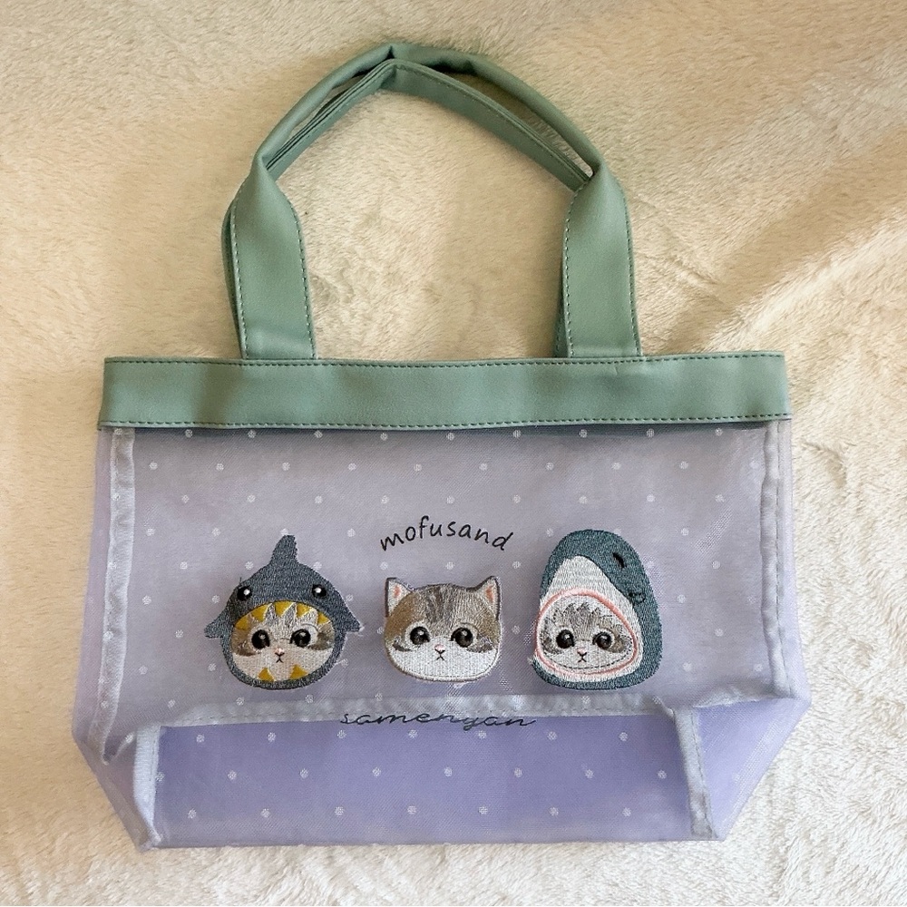 Marimocraft Mofusand kitty embroidery shark cat mesh see through tote bag blue